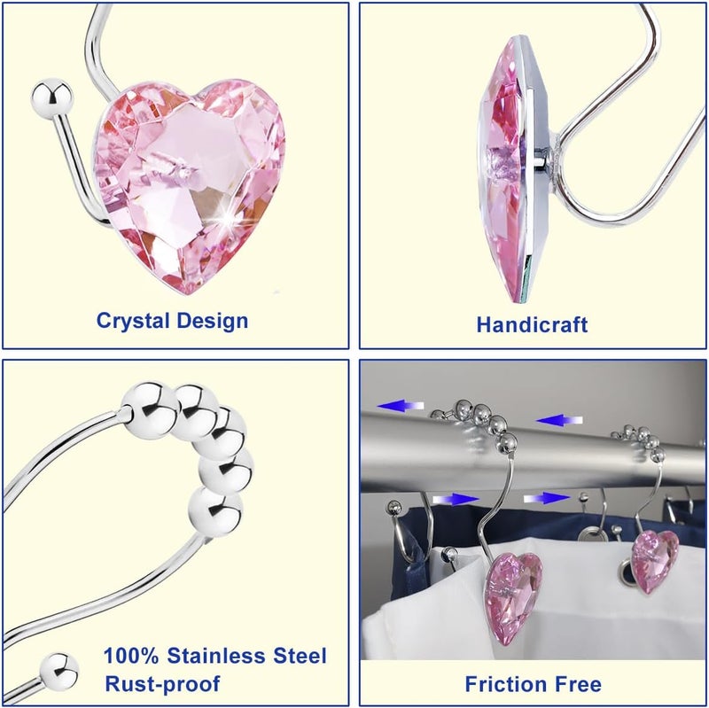Yapicoco Shower Curtain Hooks Rings for Bathroom, 12PCS Valentines Day Heart Stainless Steel Rust Resistant Decorative Rhinestones Double Shower Hooks Hangers for Shower Curtains, Clothing, etc. - Image 2